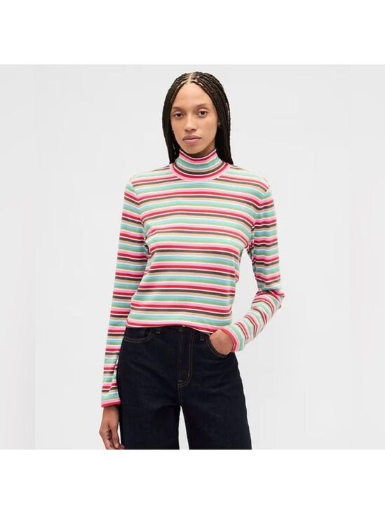 GAP Sweaters - Gap Happy Stripe Ribbed Colorful Turtleneck T-Shirt NWOT L Rainbow Stripes